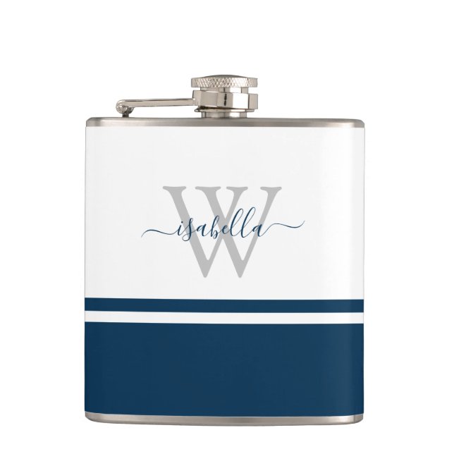 Monogrammierte moderne Schrift Navy Flachmann (Vorderseite)
