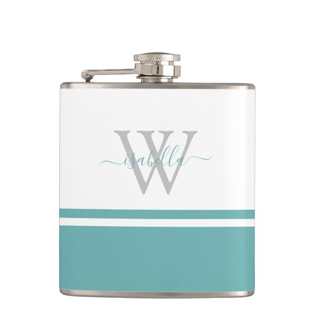 Monogrammierte moderne Schrift Teal-Flasche Flachmann (Vorderseite)