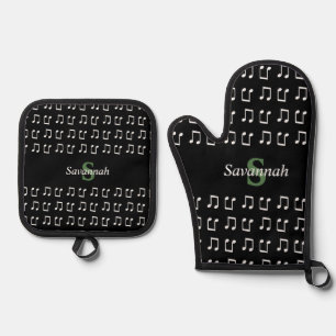 Monogrammierte Musik Schwarz Weiß Noten Ofenhandschuh & Topflappen-Set