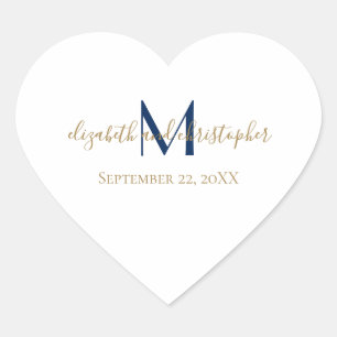 Monogrammierte Namensinitialen Blau Gold Hochzeit Herz-Aufkleber