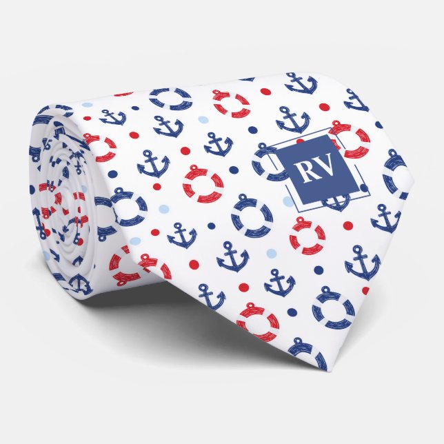 Monogrammierte nautische Anker & Rettungsringe Krawatte (Gerollt)