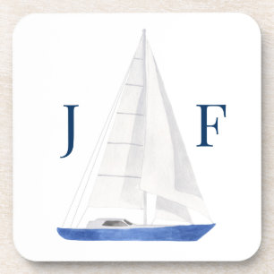 Monogrammierte nautische Wasserfarbe Segelboot Getränkeuntersetzer