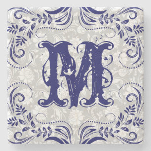 Monogrammierte Navy Blue Floral Wirbel Rahmen Steinuntersetzer