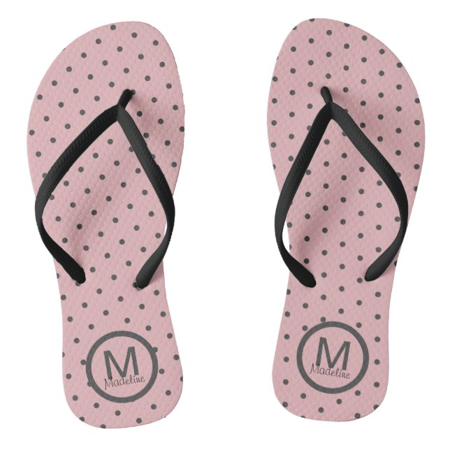 Monogrammierte Polka Dots Pink Gray Flip Flops (Fußbett)