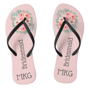 Monogrammierte rosa Blumenbrautjungfer Flip Flops