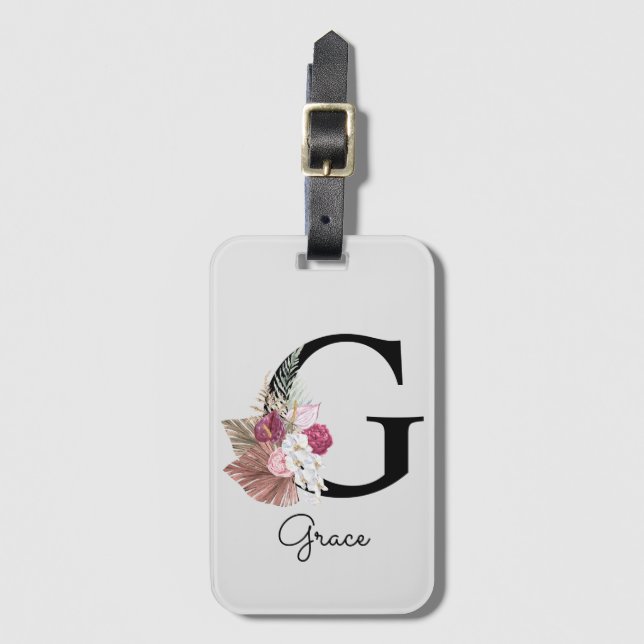 Monogrammierte rosa Blumeninitiale G Gepäckanhänger (Vorderseite Vertikal)