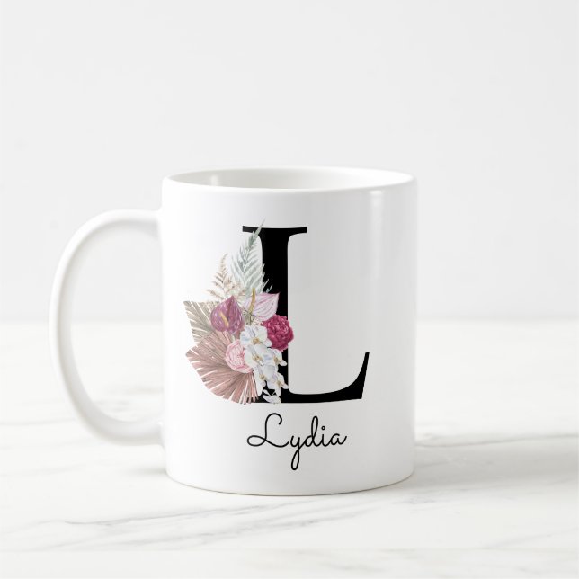 Monogrammierte rosa Blumeninitiale L Kaffeetasse (Links)