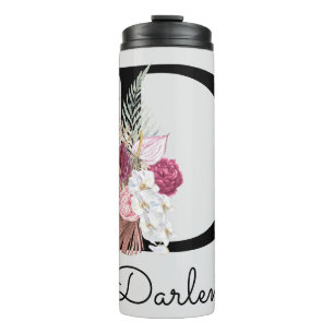 Monogrammierte rosa Boho-Blumeninitiale D Thermosbecher