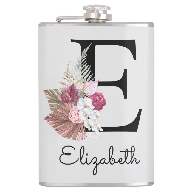 Monogrammierte rosa Boho-Blumeninitiale E Flachmann (Vorderseite)