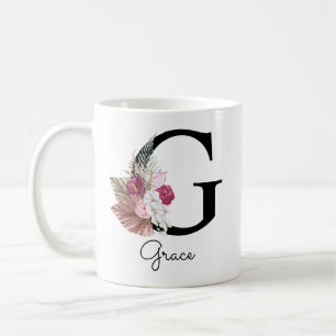 Monogrammierte rosa Boho-Blumeninitiale G Kaffeetasse