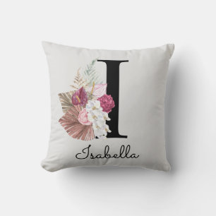 Monogrammierte rosa Boho-Blumeninitiale I Kissen