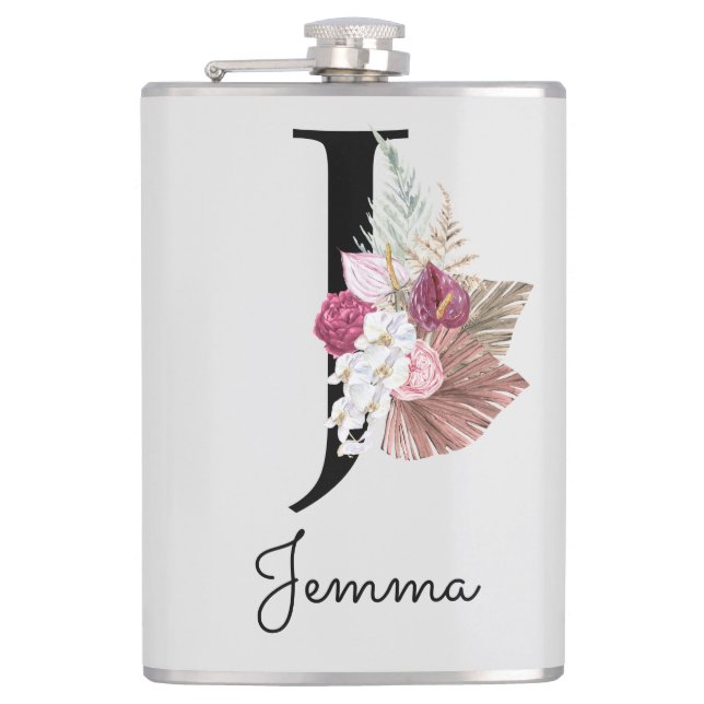 Monogrammierte rosa Boho-Blumeninitiale J Flachmann (Vorderseite)