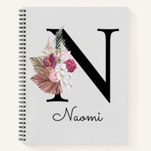 Monogrammierte rosa Boho-Blumeninitiale N Notizbuch
