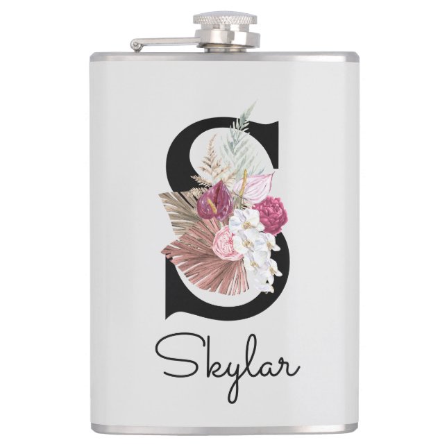 Monogrammierte rosa Boho-Blumeninitiale S Flachmann (Vorderseite)