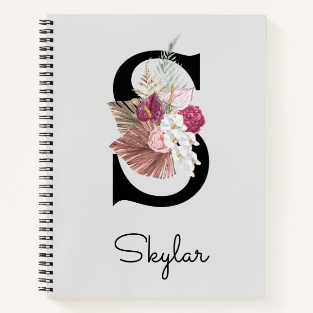 Monogrammierte rosa Boho-Blumeninitiale S Notizbuch (Vorderseite)