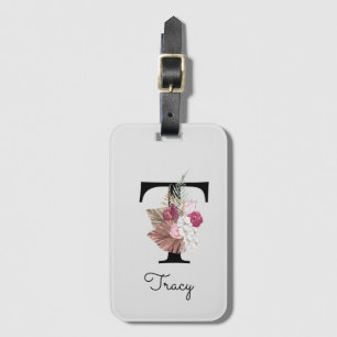 Monogrammierte rosa Boho-Blumeninitiale T Gepäckanhänger