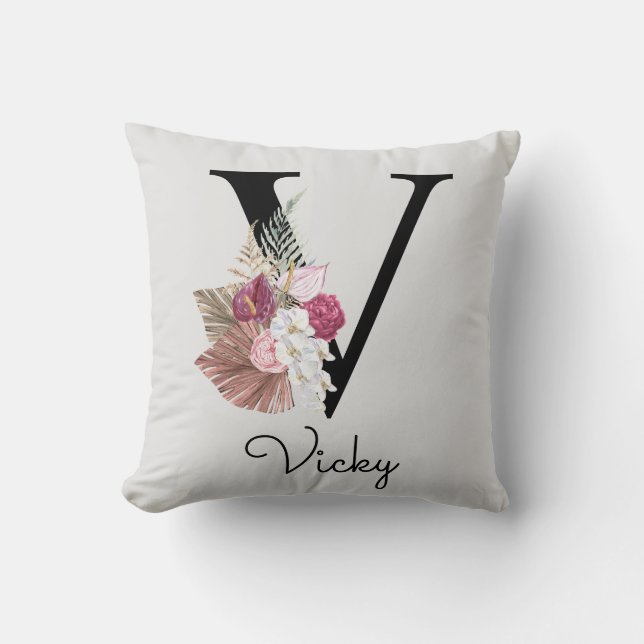 Monogrammierte rosa Boho-Blumeninitiale V Kissen (Vorderseite)