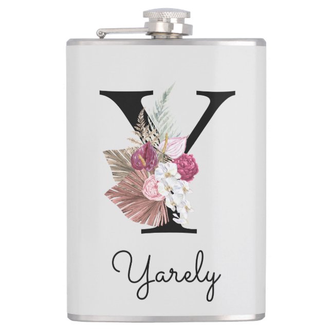Monogrammierte rosa Boho-Blumeninitiale Y Flachmann (Vorderseite)