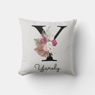 Monogrammierte rosa Boho-Blumeninitiale Y Kissen