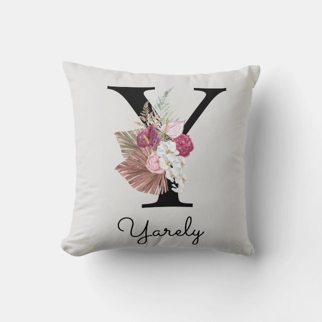 Monogrammierte rosa Boho-Blumeninitiale Y Kissen (Vorderseite)