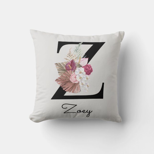 Monogrammierte rosa Boho-Blumeninitiale Z Kissen (Vorderseite)