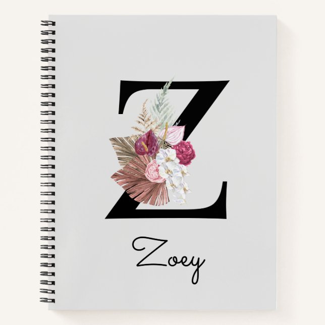 Monogrammierte rosa Boho-Blumeninitiale Z Notizbuch (Vorderseite)