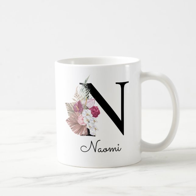 Monogrammierte rosa Boho-mädchenhafte Blumeneinzel Kaffeetasse (Rechts)