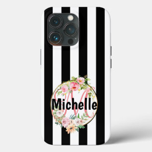 Monogrammierte rosa florale elegante schwarze und Case-Mate iPhone hülle