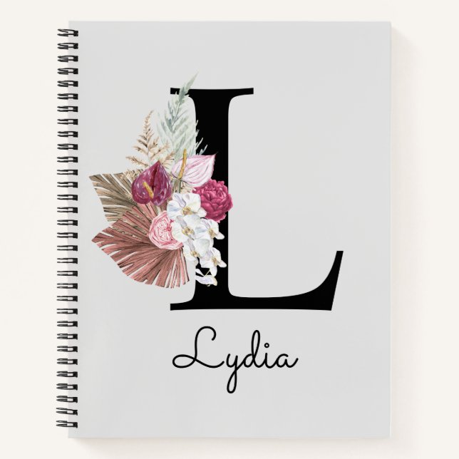 Monogrammierte rosa florale Initiale L Notizbuch (Vorderseite)