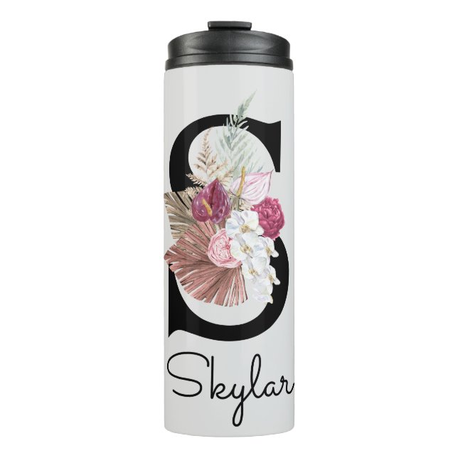 Monogrammierte rosa florale Initiale S Thermosbecher (Vorderseite)