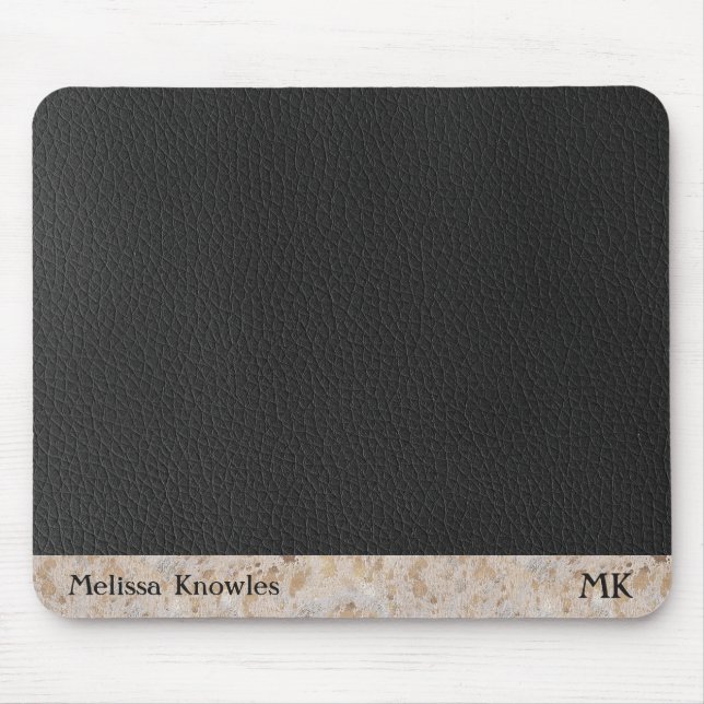 Monogrammierte schwarze Lederinitialen Mousepad (Vorne)