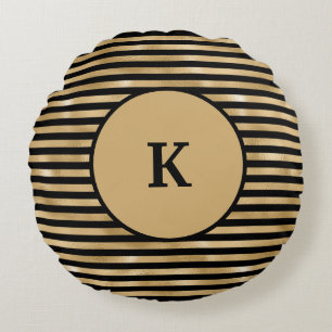Monogrammierte schwarze und goldene gestreifte sch rundes kissen