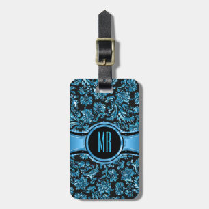 Monogrammierte schwarze und metallisch blaue flora gepäckanhänger