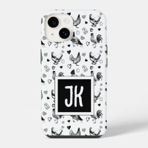 Monogrammierte schwarze und weiße Cartoon-Hühner iPhone 14 Hülle
