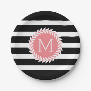 Monogrammierte schwarze und weiße Streifen und wei Pappteller