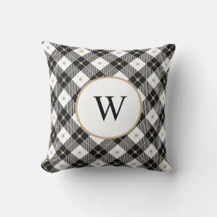 Monogrammierte schwarze weiße und goldene Karo-Wur Kissen