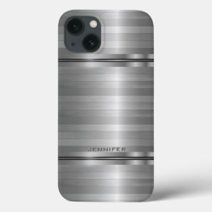 Monogrammierte Shiny Metallic Silver Gray Stripes  Case-Mate iPhone Hülle