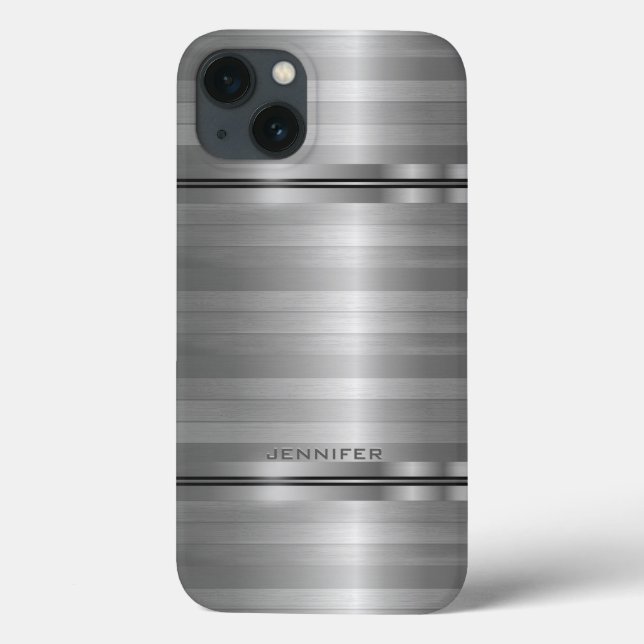 Monogrammierte Shiny Metallic Silver Gray Stripes  Case-Mate iPhone Hülle (Rückseite)