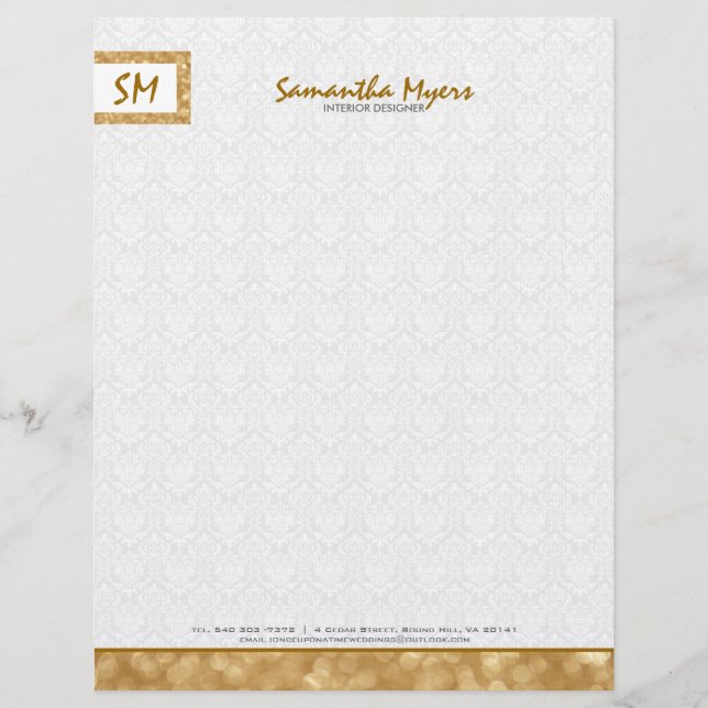 Monogrammierte Simple Gold Glitzer White Damasks Briefbogen (Vorderseite)
