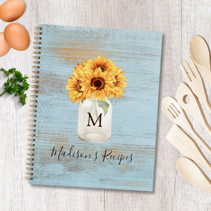 Monogrammierte Sonnenblume Mason Jar Blau Holz Rez Notizbuch