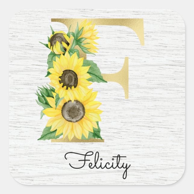 Monogrammierte Sonnenblumen-Blumeninitiale F Quadratischer Aufkleber (Vorderseite)
