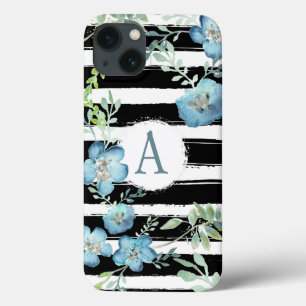 Monogrammierte Streifen Blau-Blüte Case-Mate iPhone Hülle