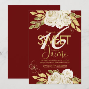 Monogrammierte Sweet 16 Elfenbein-Rosa-Blumen Wein Einladung