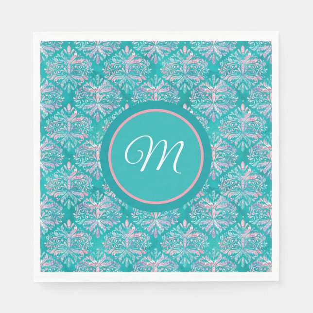 Monogrammierte Teal-Muster Servietten (Vorderseite)