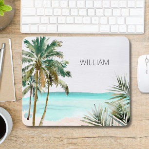 Monogrammierte tropische Palmenblätter Blaue Strän Mousepad