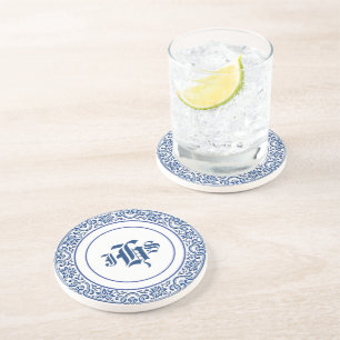 Monogrammierte Vintage Blau & Weiß Getränkeuntersetzer
