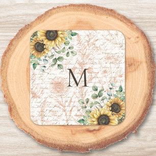 Monogrammierte Vintage-Rustico-Sonnenblumen-Decoup Quadratischer Aufkleber
