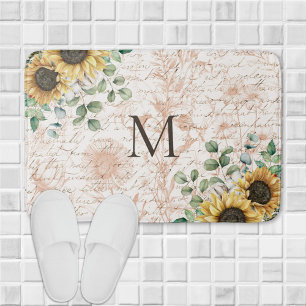 Monogrammierte Vintage-Rustikal-Sonnenblume-Decoup Badematte