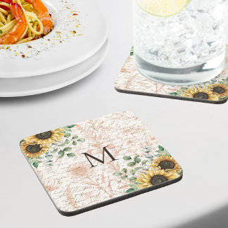 Monogrammierte Vintage-Rustikal-Sonnenblume-Decoup Glasuntersetzer