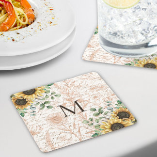 Monogrammierte Vintage-Rustikal-Sonnenblumen-Decou Rechteckiger Pappuntersetzer